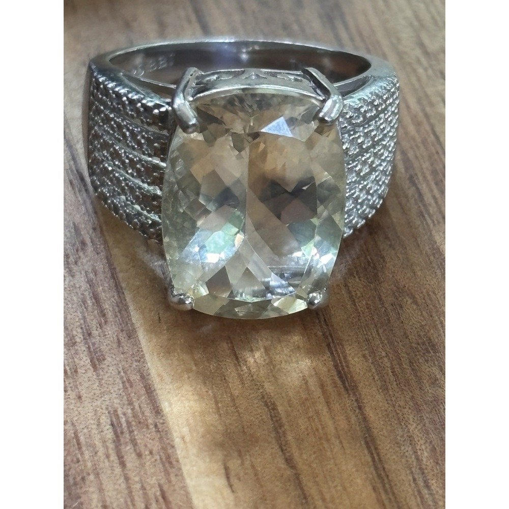BBJ Sterling Silver Checkered Cushion Cut Yellow Stone Ring - Size 10